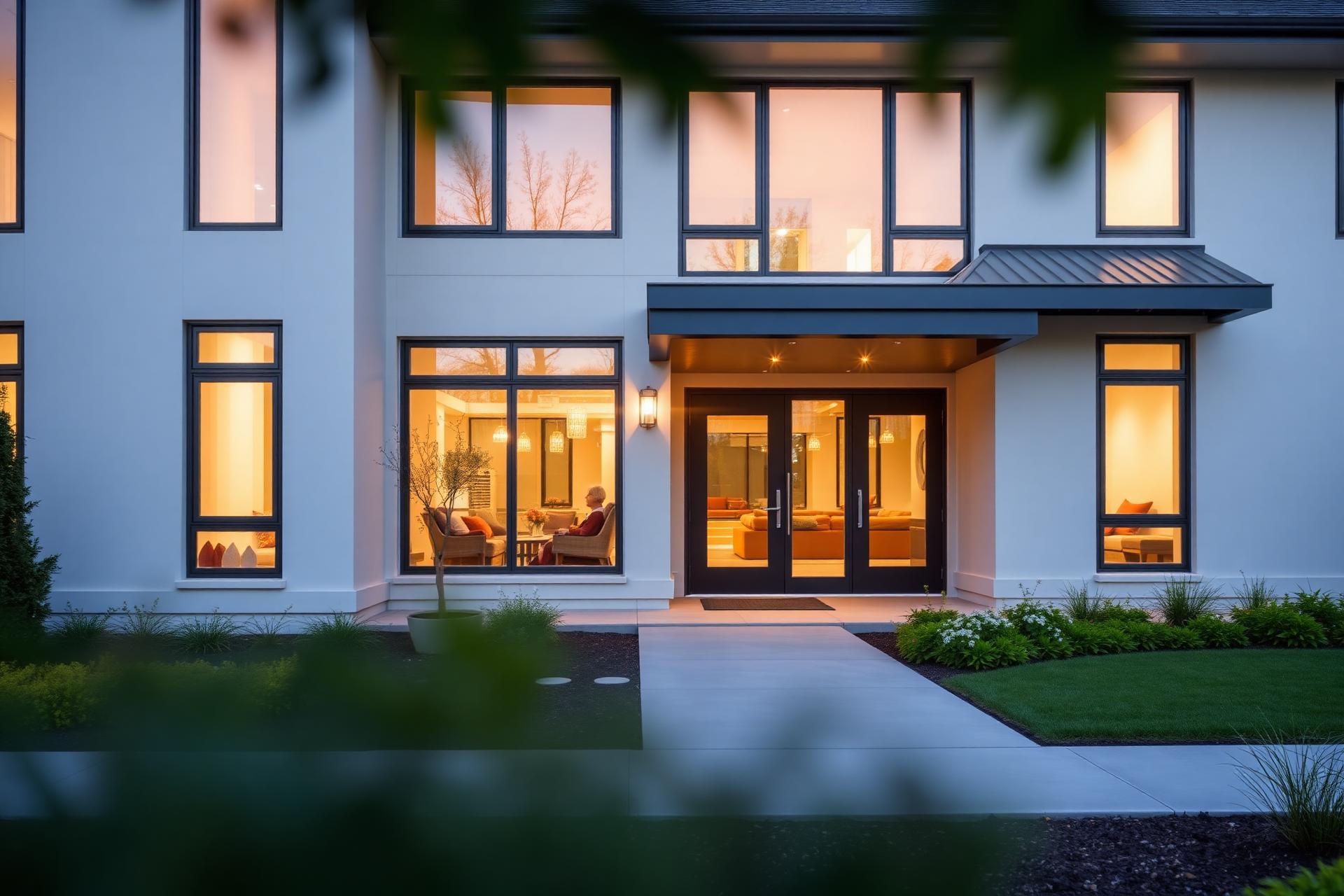 Modernes Pflegeheim in warmer Abendstimmung
